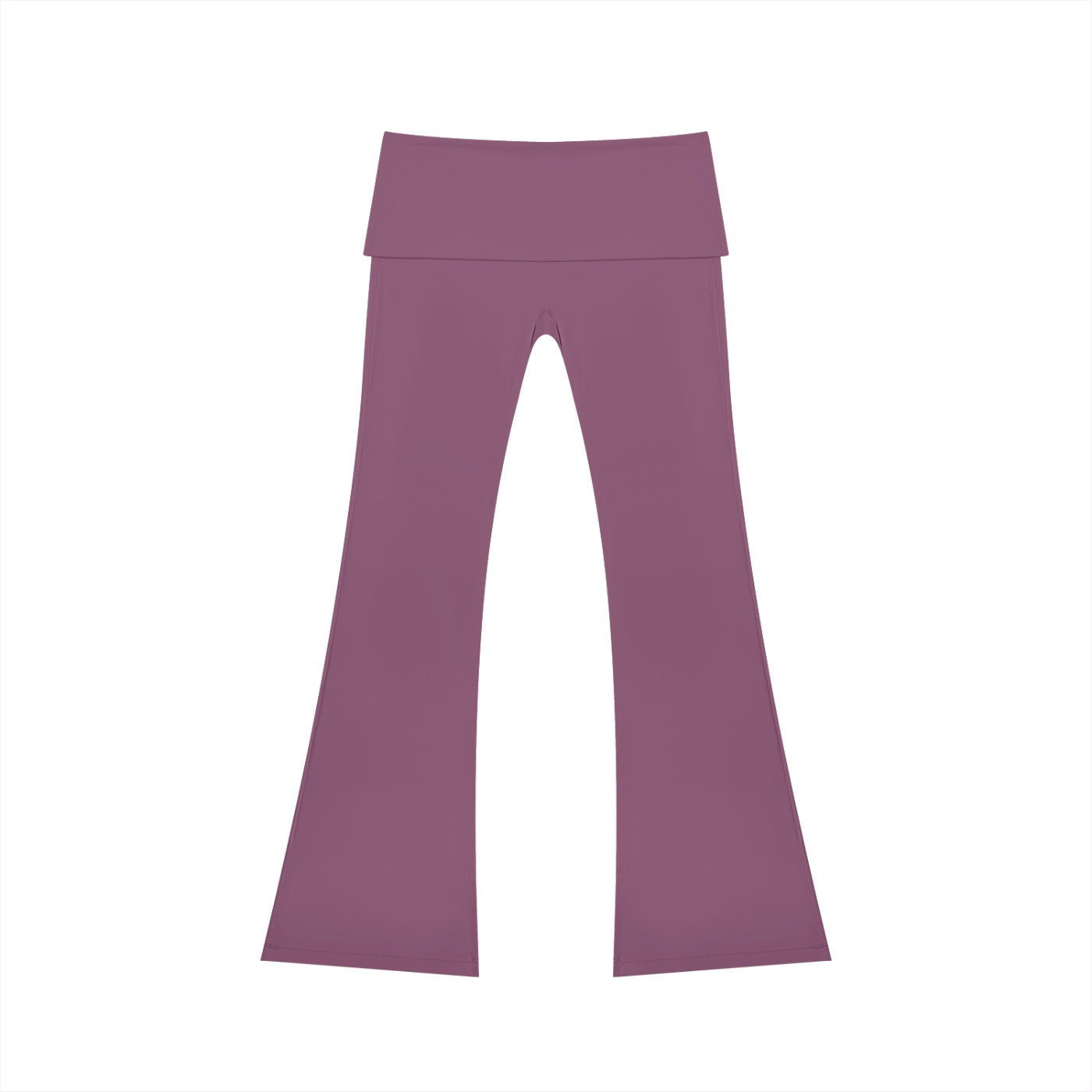 Anointed Garments high rise flared yoga pants in a solid mauve colour made from stretchy nylon and spandex fabric.