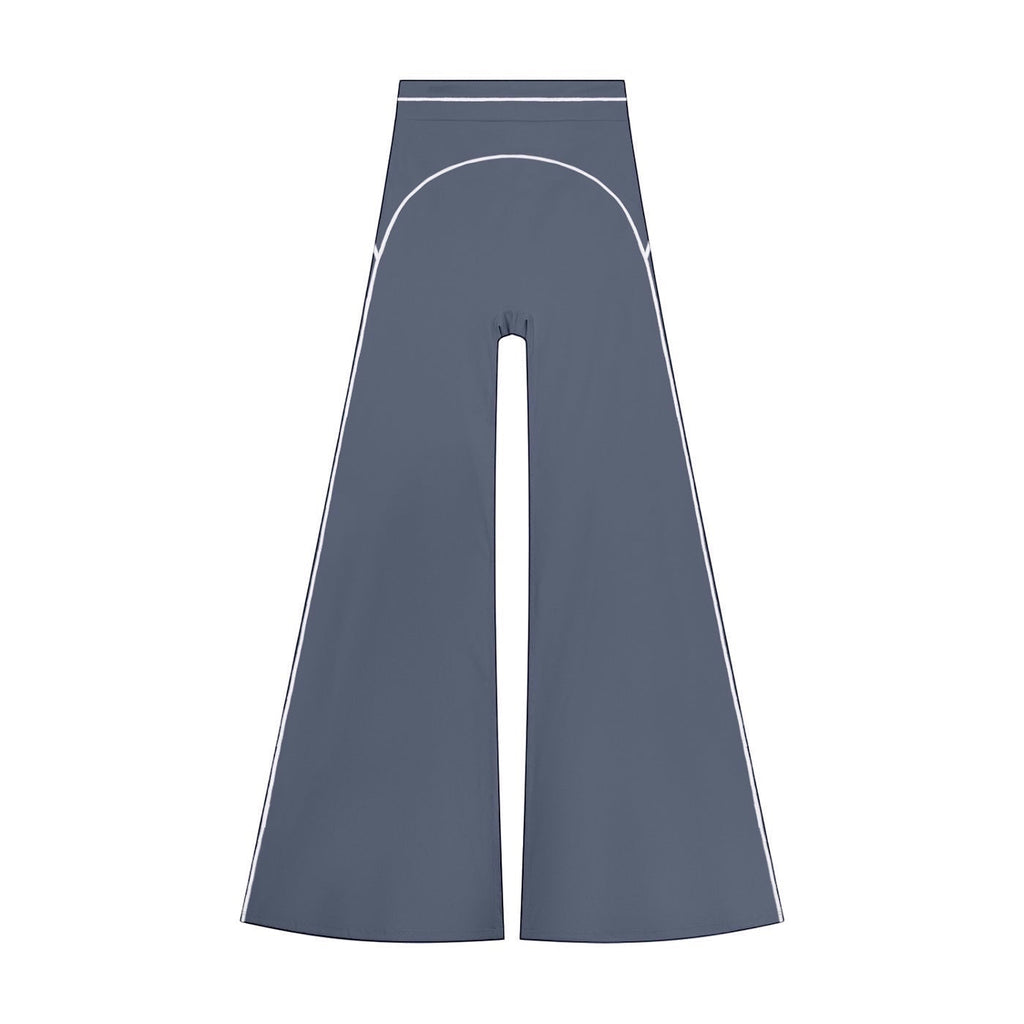Anointed Garments high rise flared yoga pants in slate blue with white piping detail on a white background.