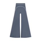 Anointed Garments high rise flared yoga pants in slate blue with white piping detail on a white background.