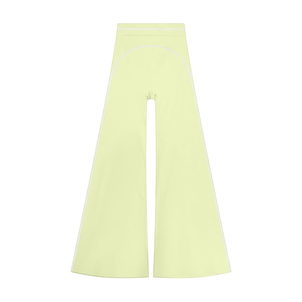 Anointed Garments high-rise flared yoga pants in light yellow with white piping detail, made from stretch fabric.