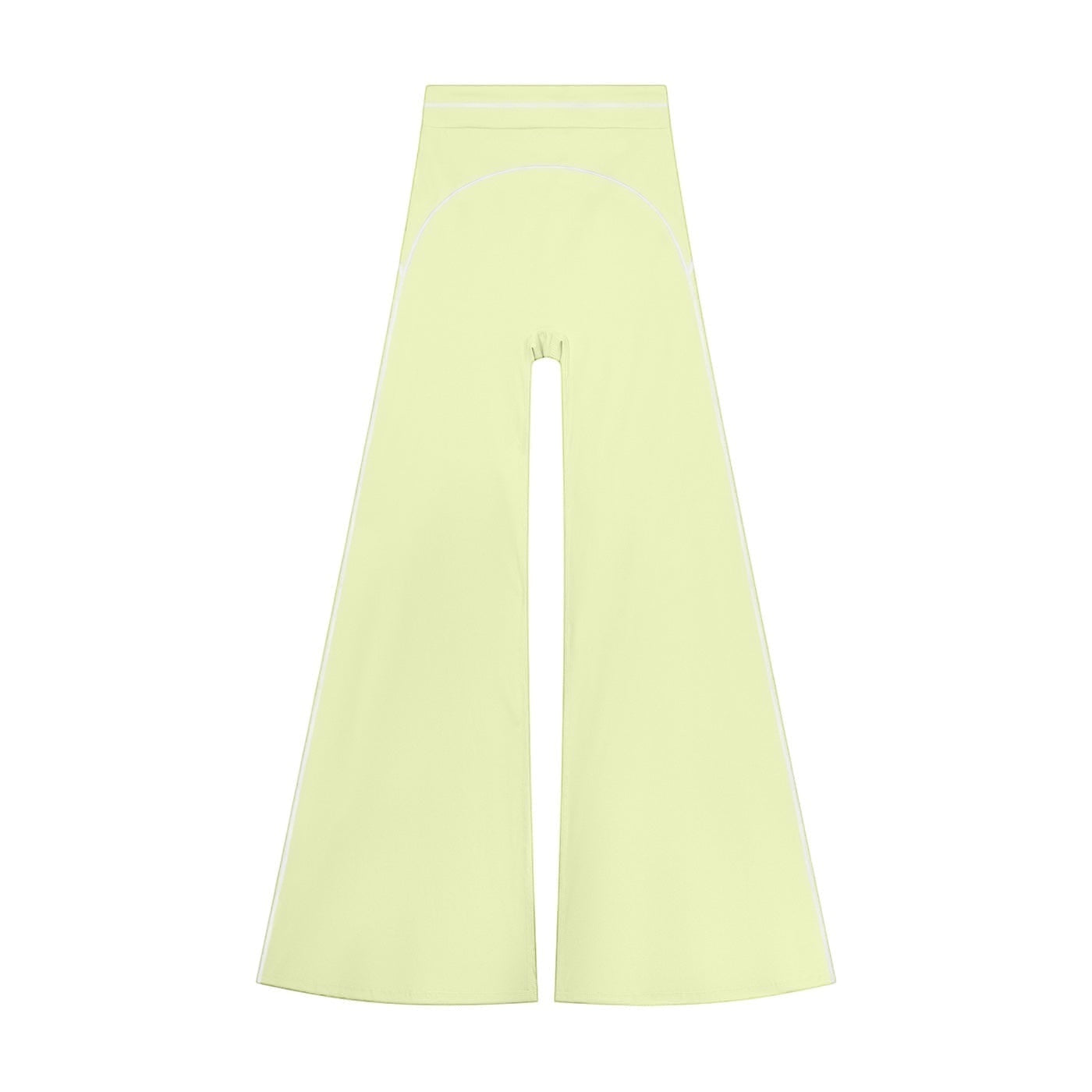 Anointed Garments high-rise flared yoga pants in light yellow with white piping detail, made from stretch fabric.