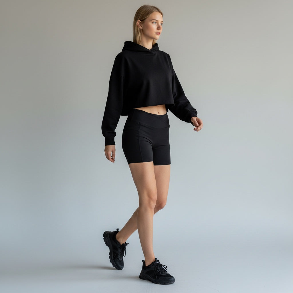 Anointed Garments high-waisted black athletic performance shorts with a crossover waistband worn by a model