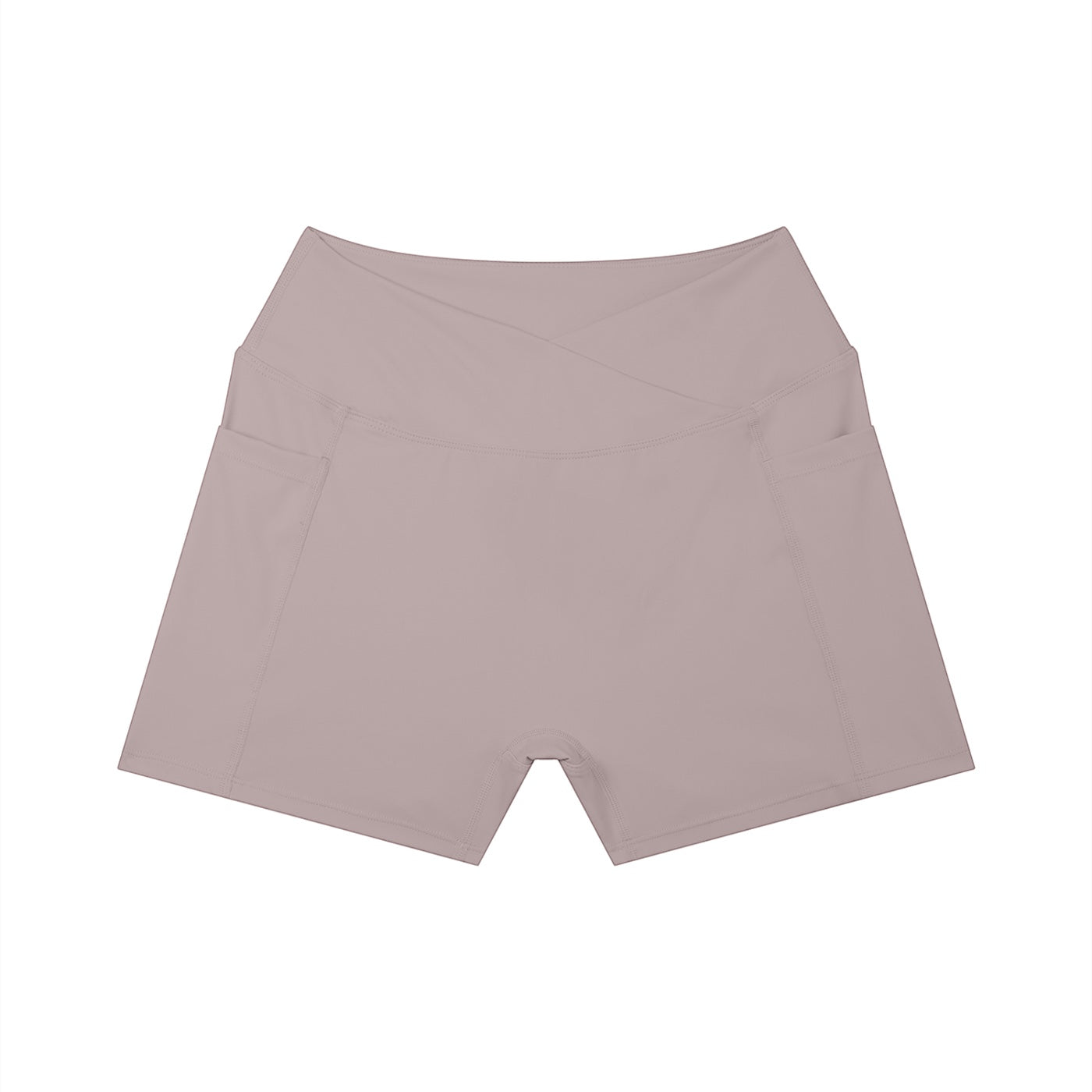 Anointed Garments high-waisted athletic shorts in mauve with a crossover waistband and side pockets.