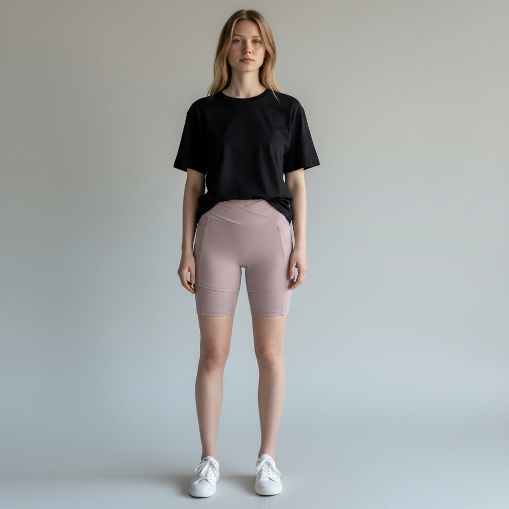 Model wearing Anointed Garments high-waisted athletic performance shorts in dusty pink with side pockets and black tee.