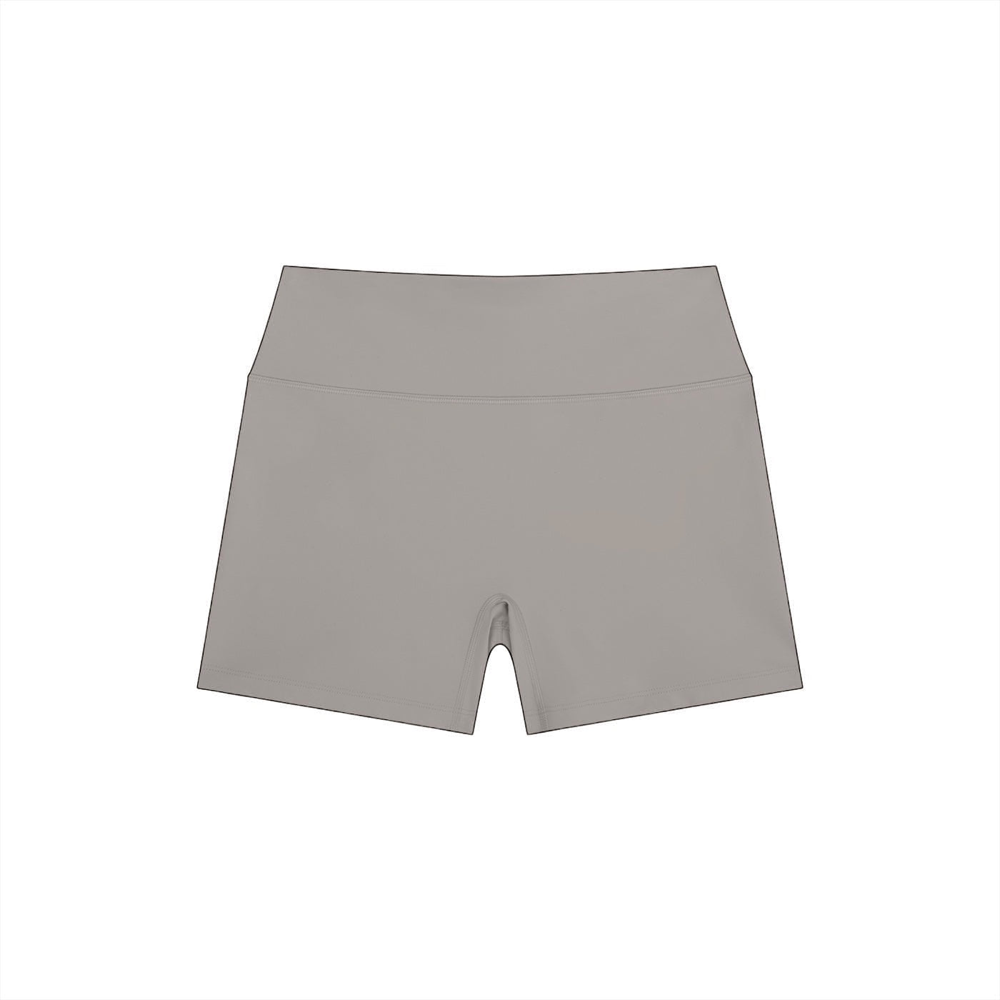 Anointed Garments high-waisted athletic performance shorts in a neutral grey moisture-wicking nylon spandex blend.