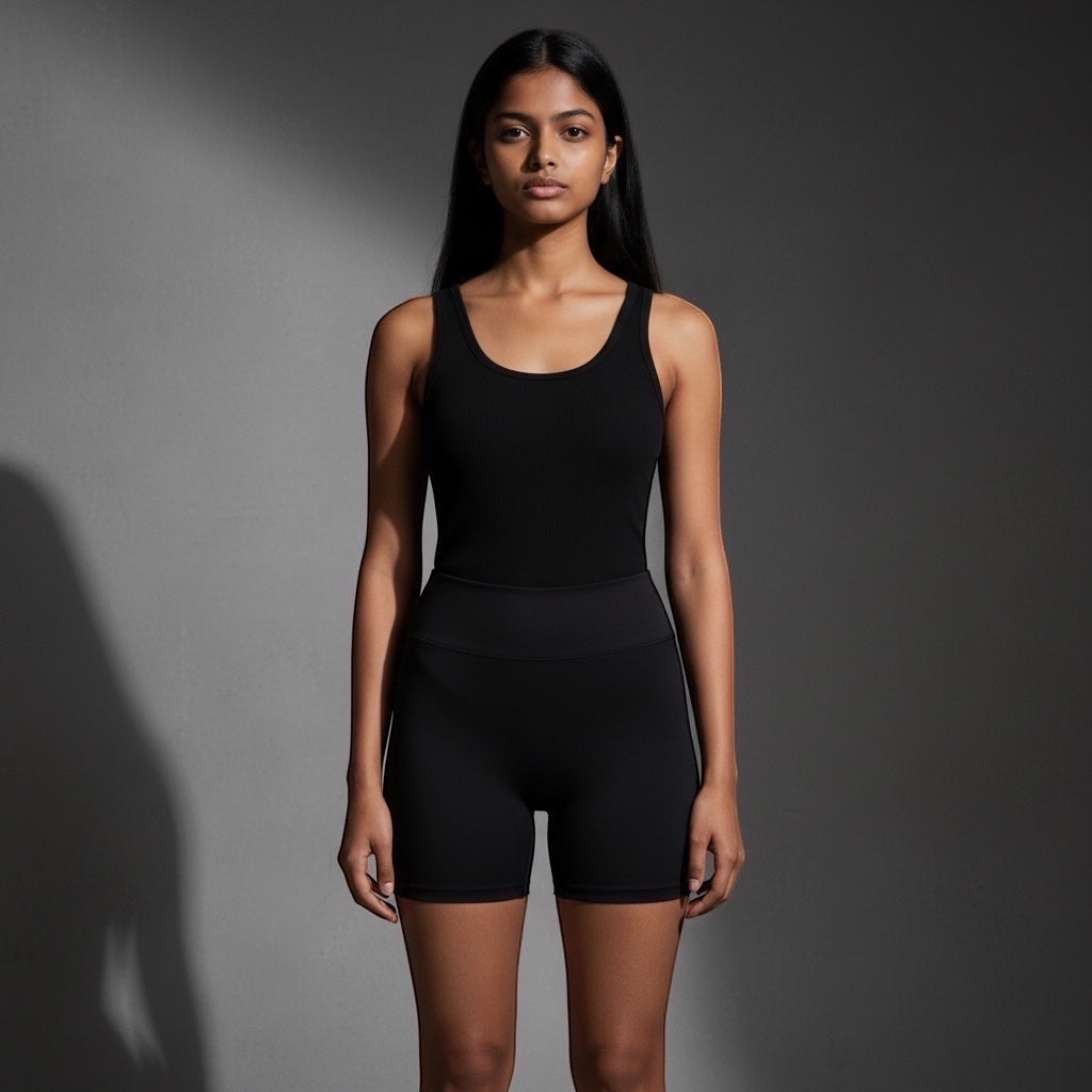 Anointed Garments high-waisted black athletic performance shorts worn by a woman with a matching black tank top.