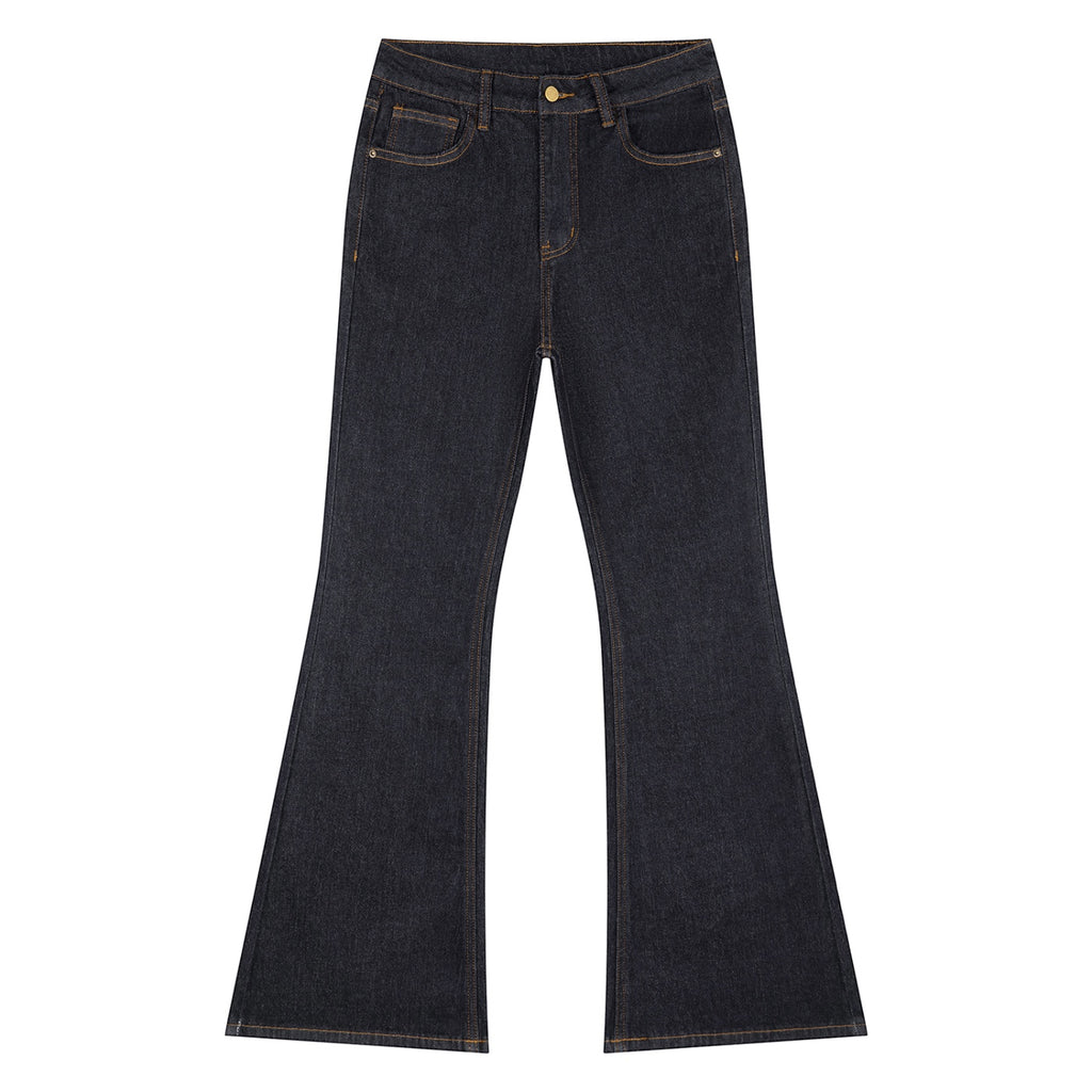 Anointed Garments high waisted flare leg denim jeans in a deep indigo wash with classic five-pocket styling.