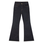 Anointed Garments high waisted flare leg denim jeans in a deep indigo wash with classic five-pocket styling.