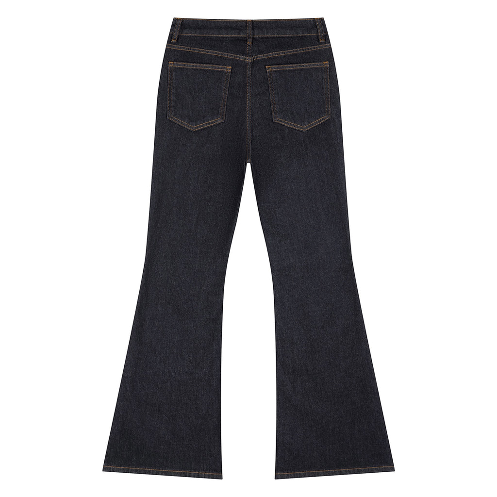 Anointed Garments high waisted flare leg denim jeans in a deep indigo wash with classic five-pocket styling.