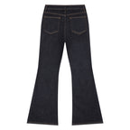 Anointed Garments high waisted flare leg denim jeans in a deep indigo wash with classic five-pocket styling.