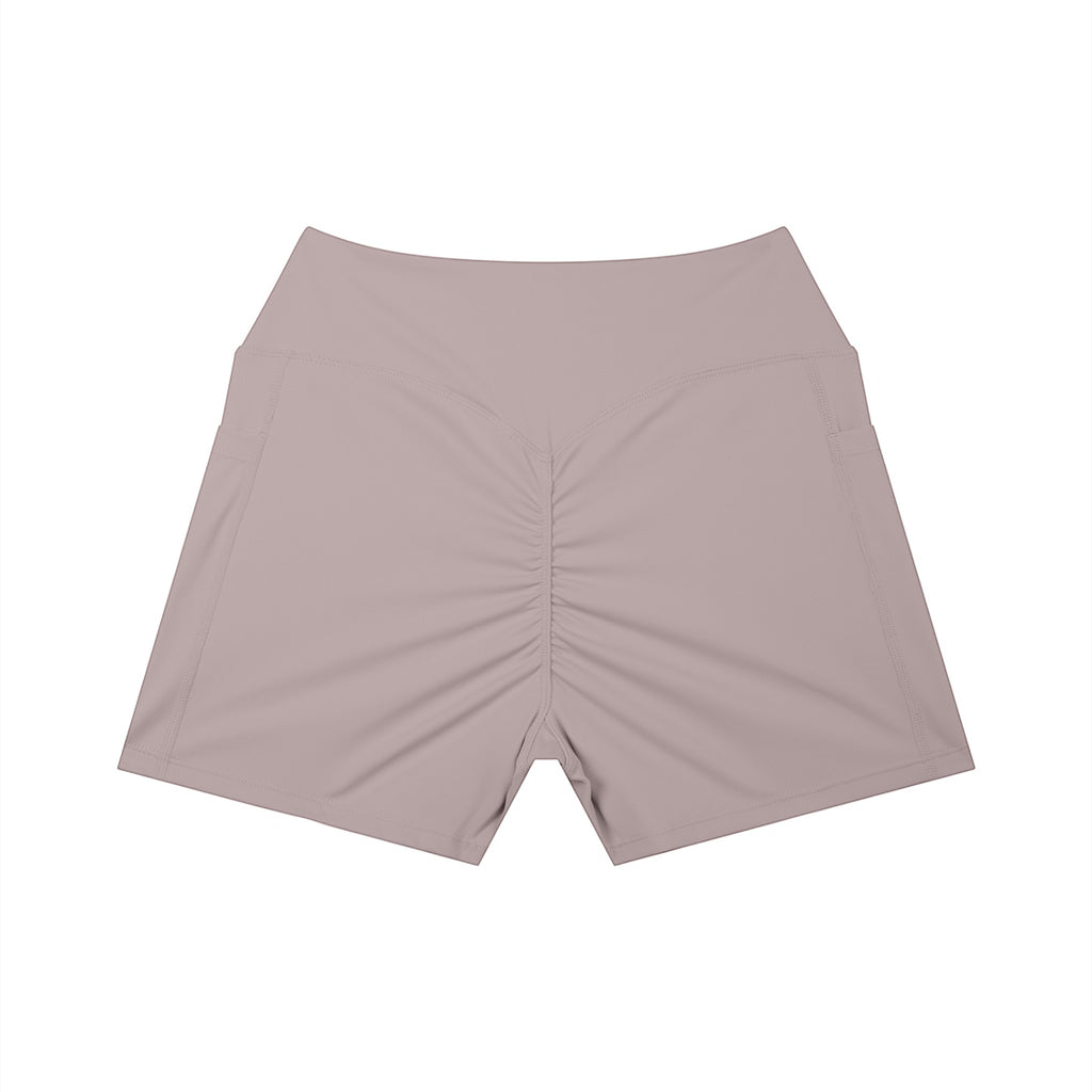 Anointed Garments high-waisted athletic shorts in mauve with a ruched back and side pockets for a sculpted fit.