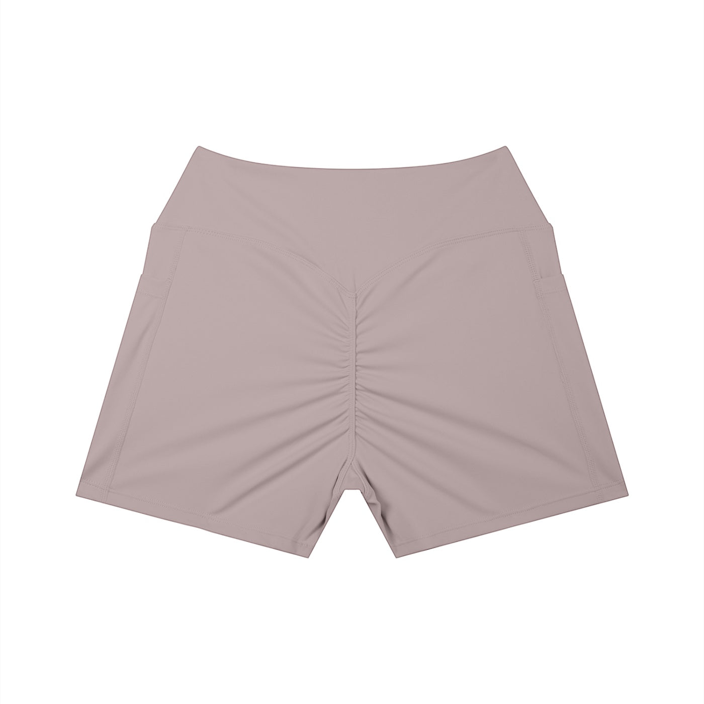 Anointed Garments high-waisted athletic shorts in mauve with a ruched back and side pockets for a sculpted fit.
