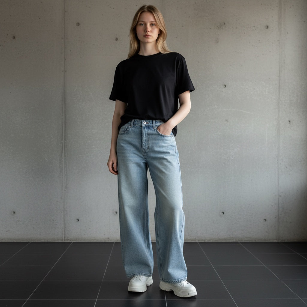Anointed Garments high waisted wide leg light wash denim jeans worn by a model with a black t-shirt and white sneakers