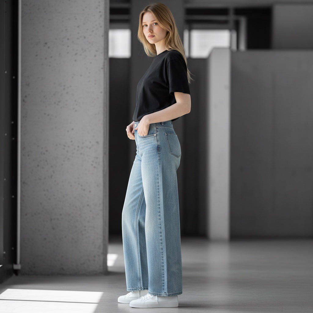 Anointed Garments light wash high waisted wide leg denim jeans worn by a woman with a black t-shirt and white sneakers