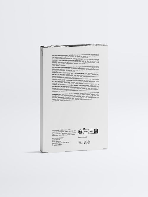 Back of Anointed Garments Anti-Age Hydrogel Eye Patches white box with ingredient list and product information.