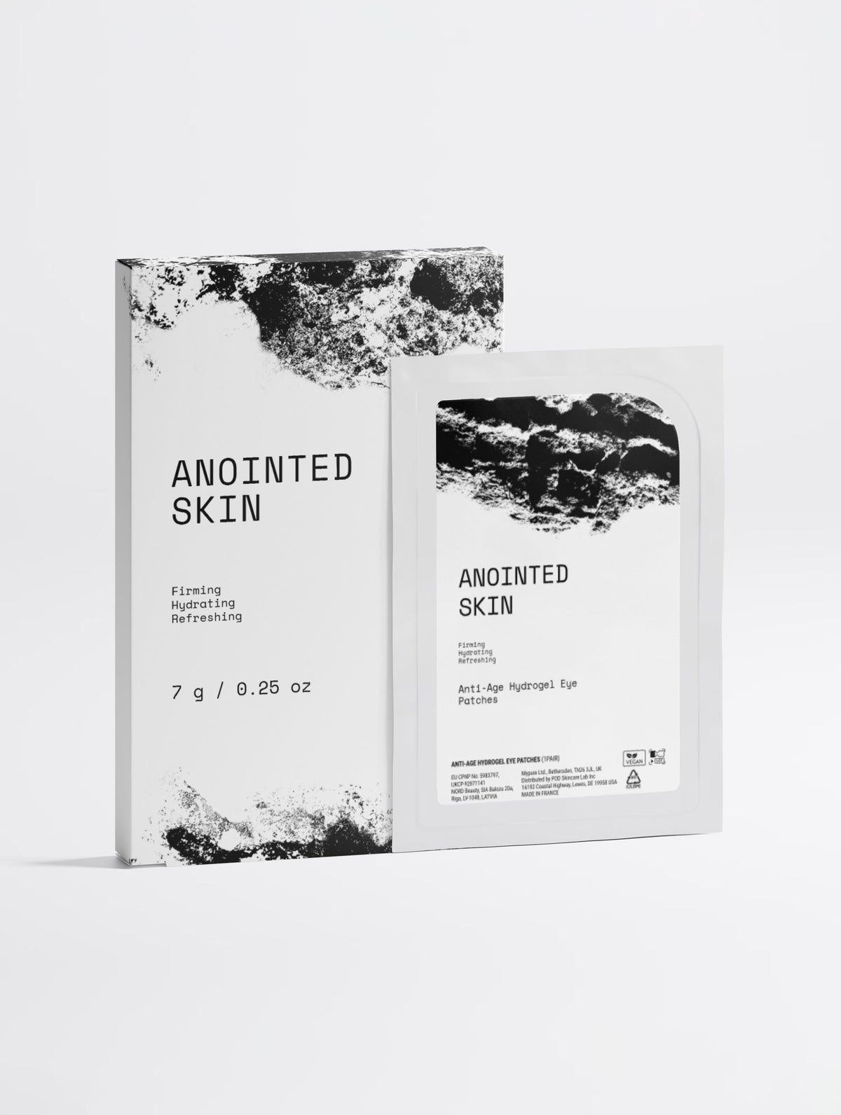 Anointed Garments Anointed Skin anti-age hydrogel eye patches box and individual sachet with black and white design