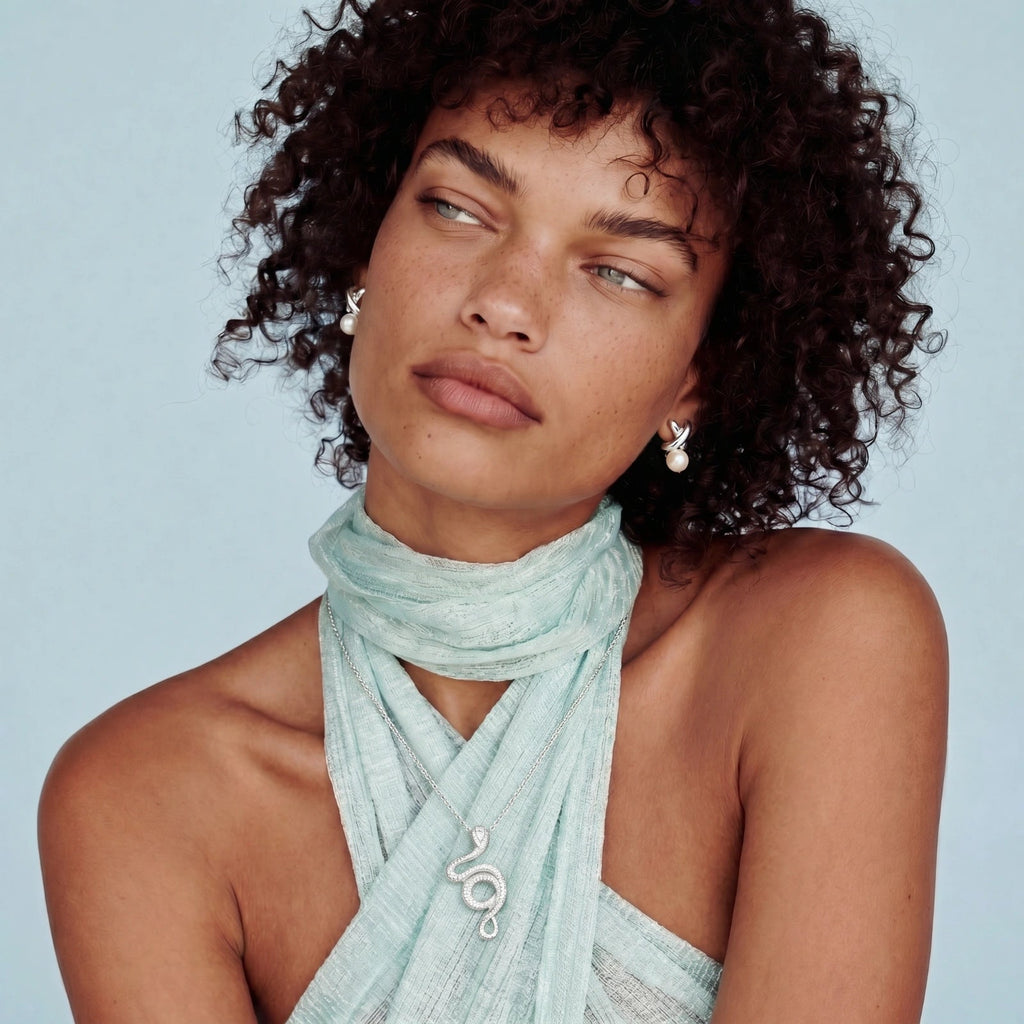 Anointed Garments Infinity Pearl Studs featuring rhodium-plated sterling silver twists and freshwater pearls on model
