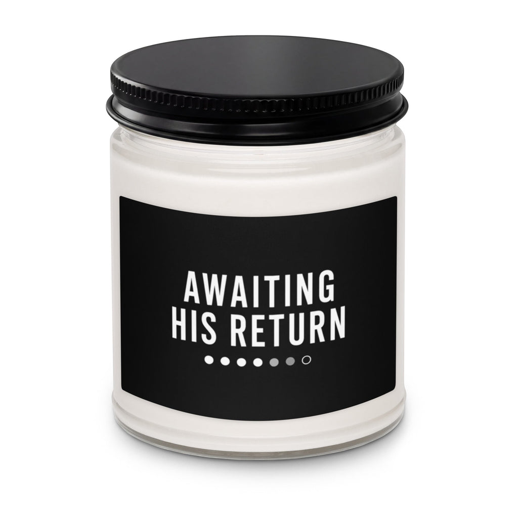 Anointed Garments soy wax candle in a glass jar with a black lid and Awaiting His Return label on a white background.