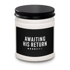 Anointed Garments soy wax candle in a glass jar with a black lid and Awaiting His Return label on a white background.