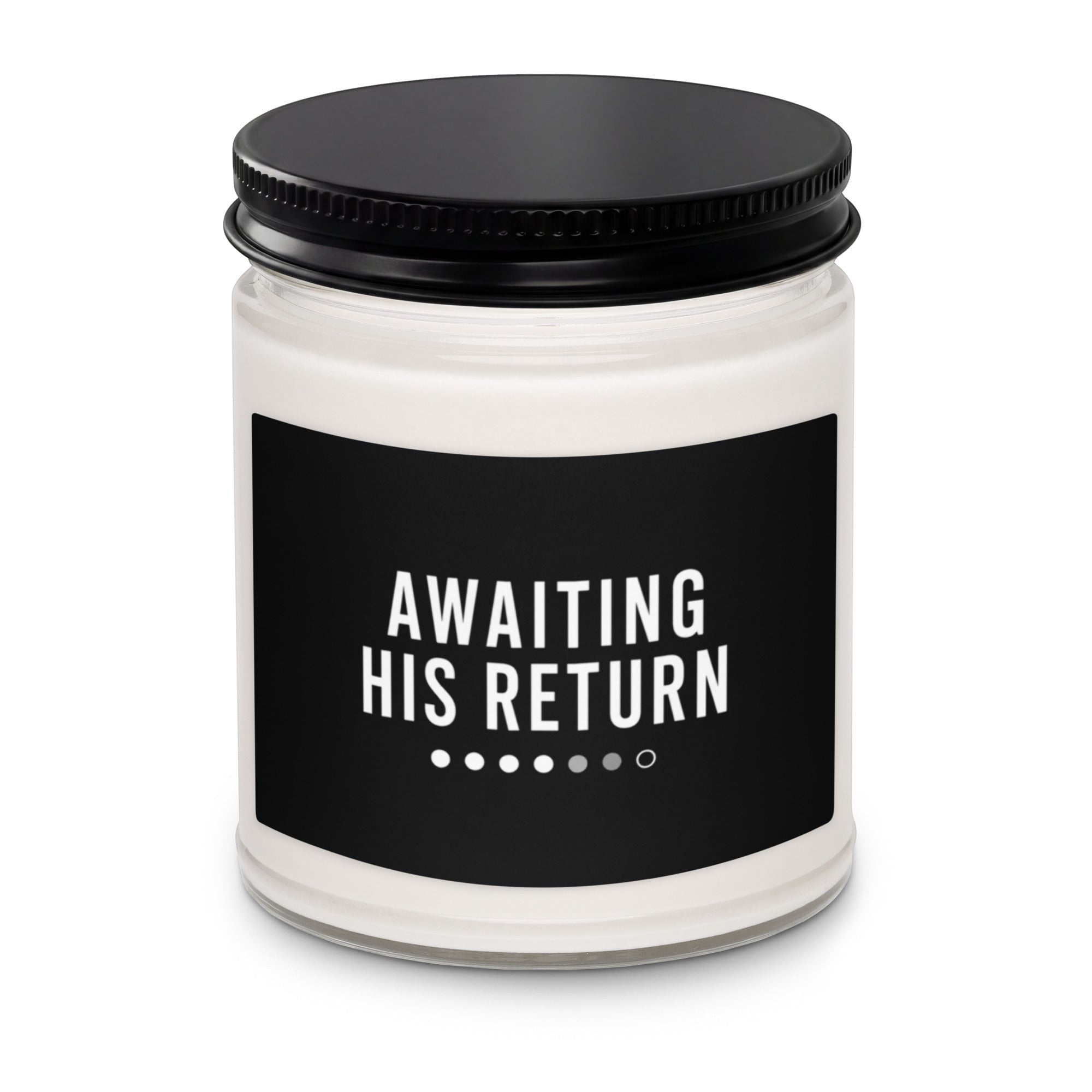 Anointed Garments soy wax candle in a glass jar with a black lid and Awaiting His Return label on a white background.