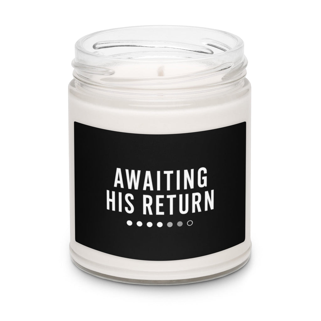 Anointed Garments soy wax candle in a glass jar with a black label reading Awaiting His Return on a white background.