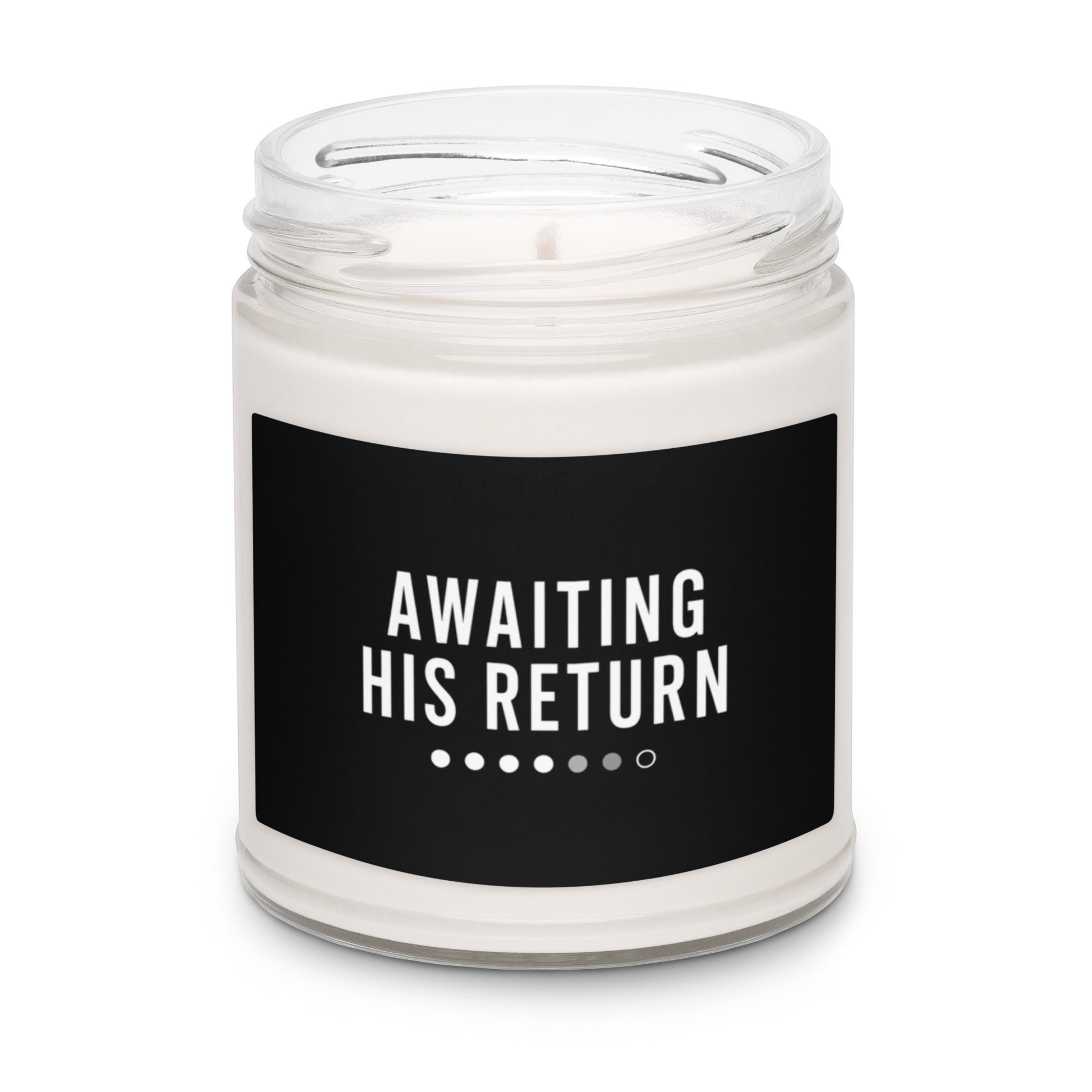 Anointed Garments soy wax candle in a glass jar with a black label reading Awaiting His Return on a white background.
