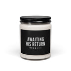 Anointed Garments soy wax candle in a glass jar with a black lid and Awaiting His Return label.