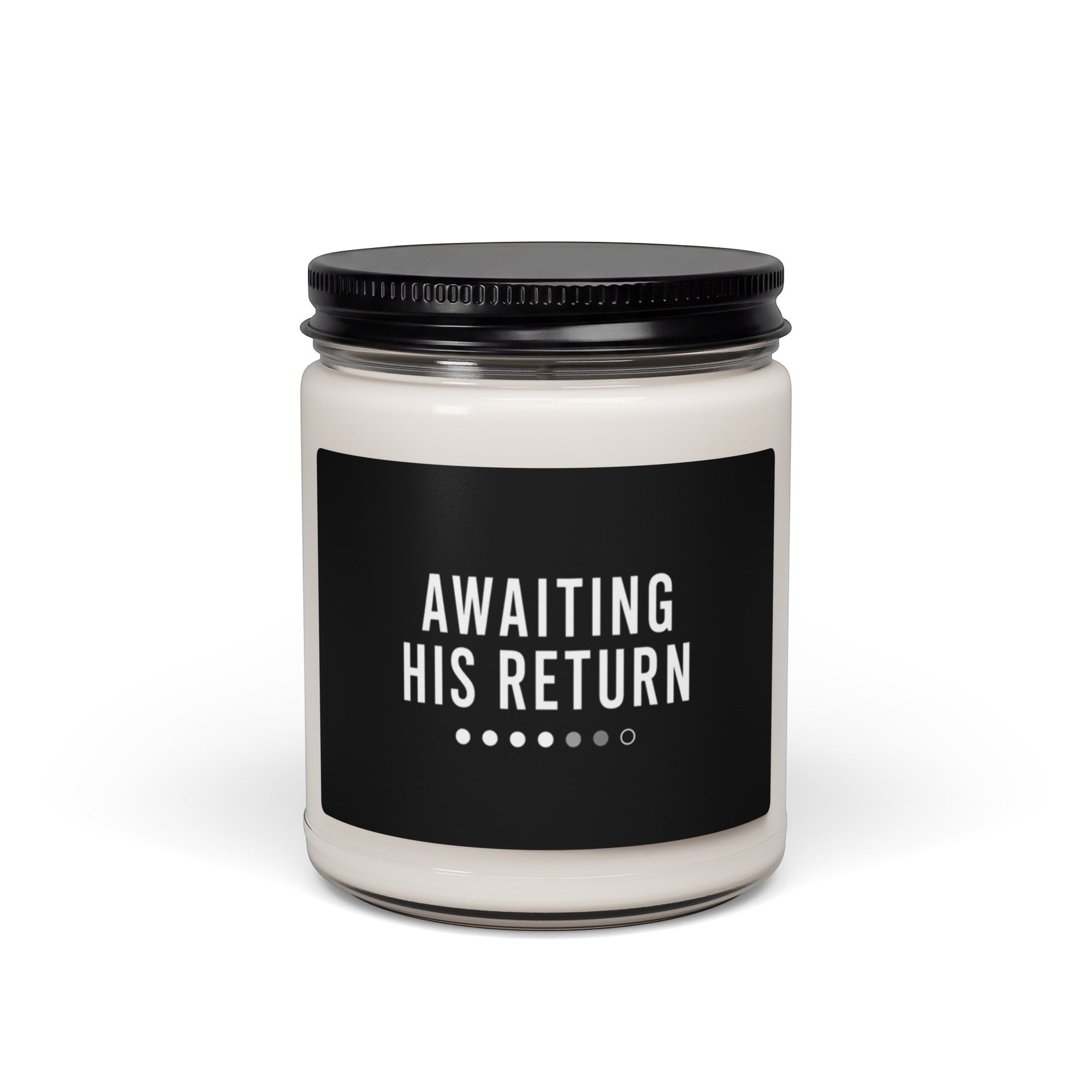 Anointed Garments soy wax candle in a glass jar with a black lid and Awaiting His Return label.