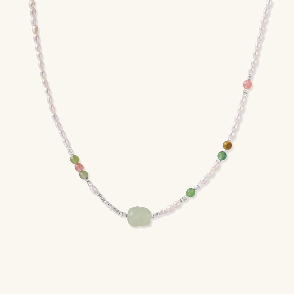 Anointed Garments Jade Garden Pearl Necklace featuring freshwater pearls, serpentine, and agate beads in sterling silver.