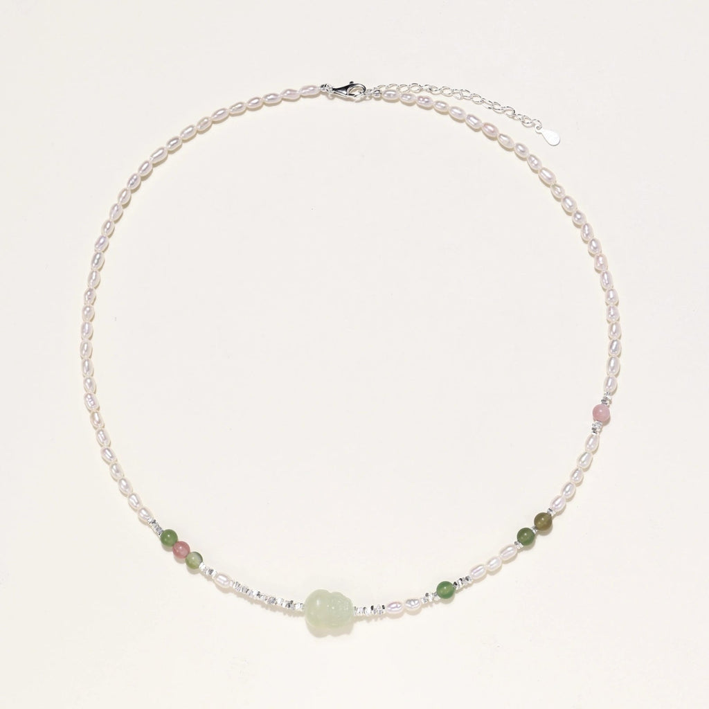Anointed Garments Jade Garden Pearl Necklace featuring freshwater pearls, serpentine, and agate on sterling silver.