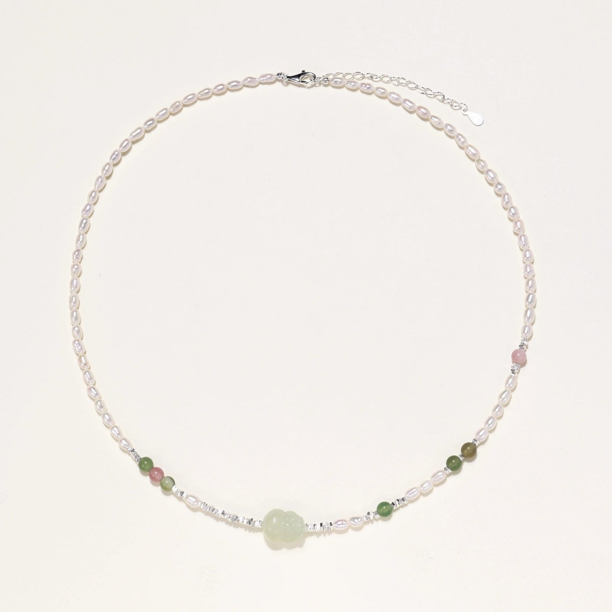 Anointed Garments Jade Garden Pearl Necklace featuring freshwater pearls, serpentine, and agate on sterling silver.