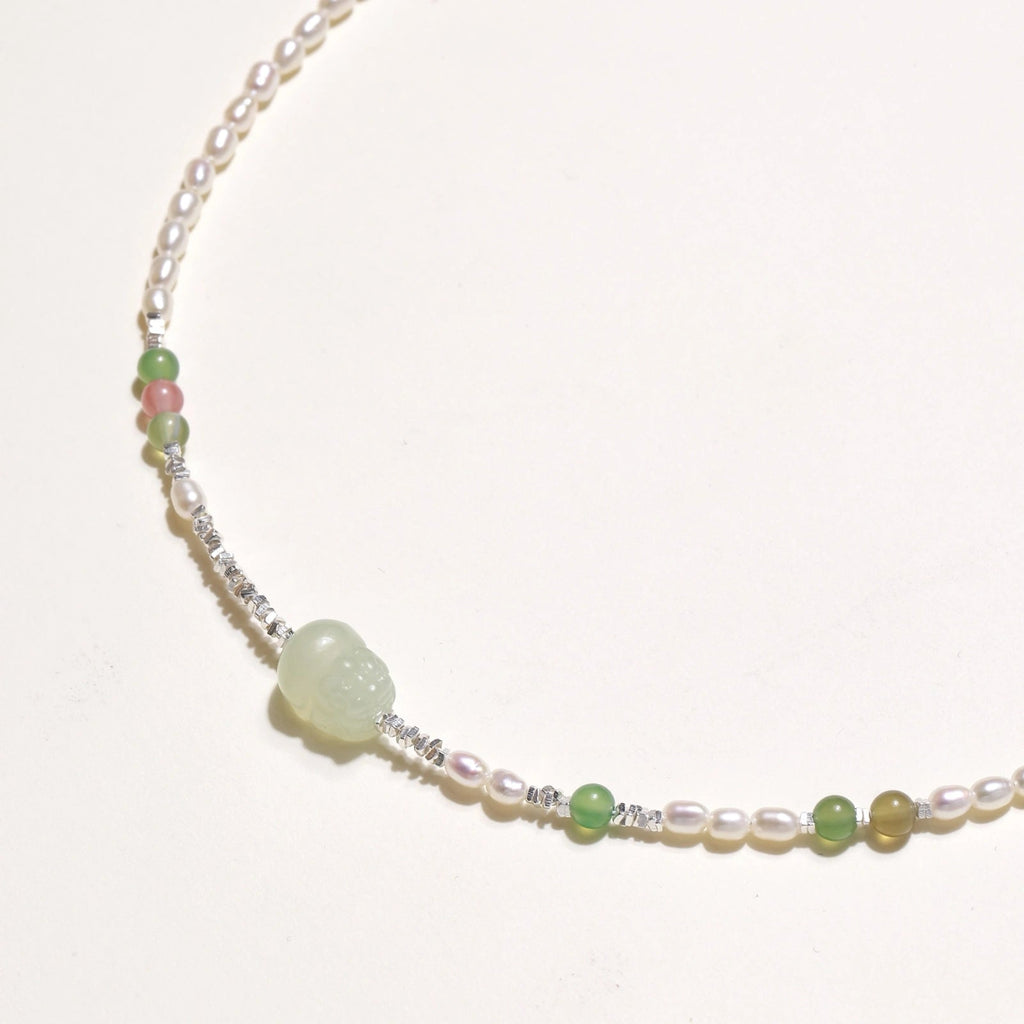Anointed Garments Jade Garden Pearl Necklace with freshwater pearls, serpentine, agate beads, and sterling silver