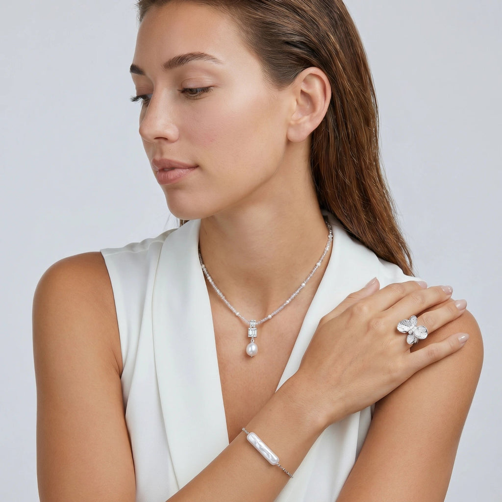 Anointed Garments Lavender Dreams Pearl Necklace featuring lavender crystal beads, a geometric pendant, and a pearl drop