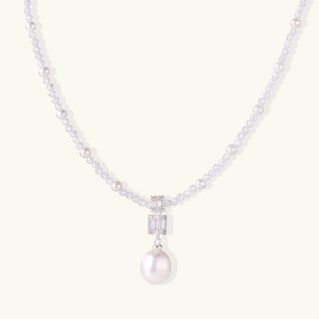 Anointed Garments Lavender Dreams pearl necklace with lavender crystal beads, geometric pendant, and freshwater pearl.