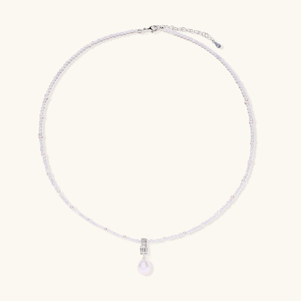 Anointed Garments Lavender Dreams pearl necklace with lavender crystal beads, geometric pendant, and freshwater pearl.