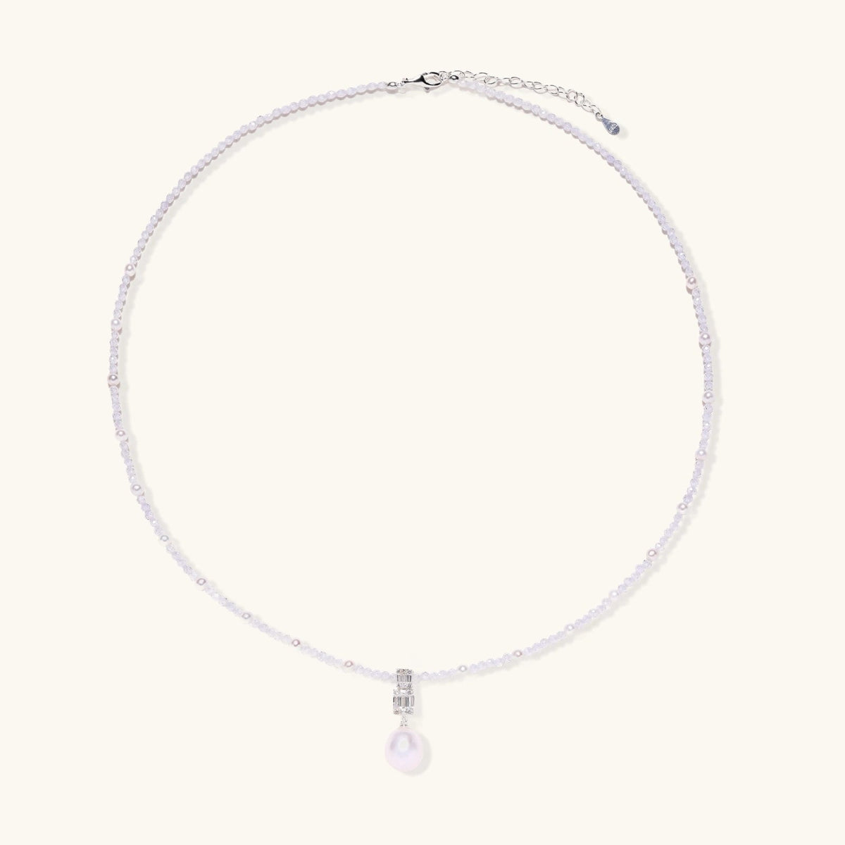 Anointed Garments Lavender Dreams pearl necklace with lavender crystal beads, geometric pendant, and freshwater pearl.