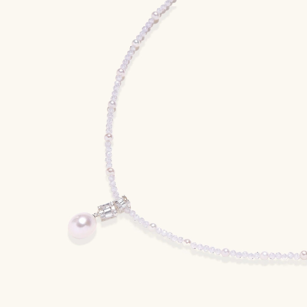 Anointed Garments Lavender Dreams pearl necklace with lavender crystal beads, geometric pendant, and freshwater pearl.