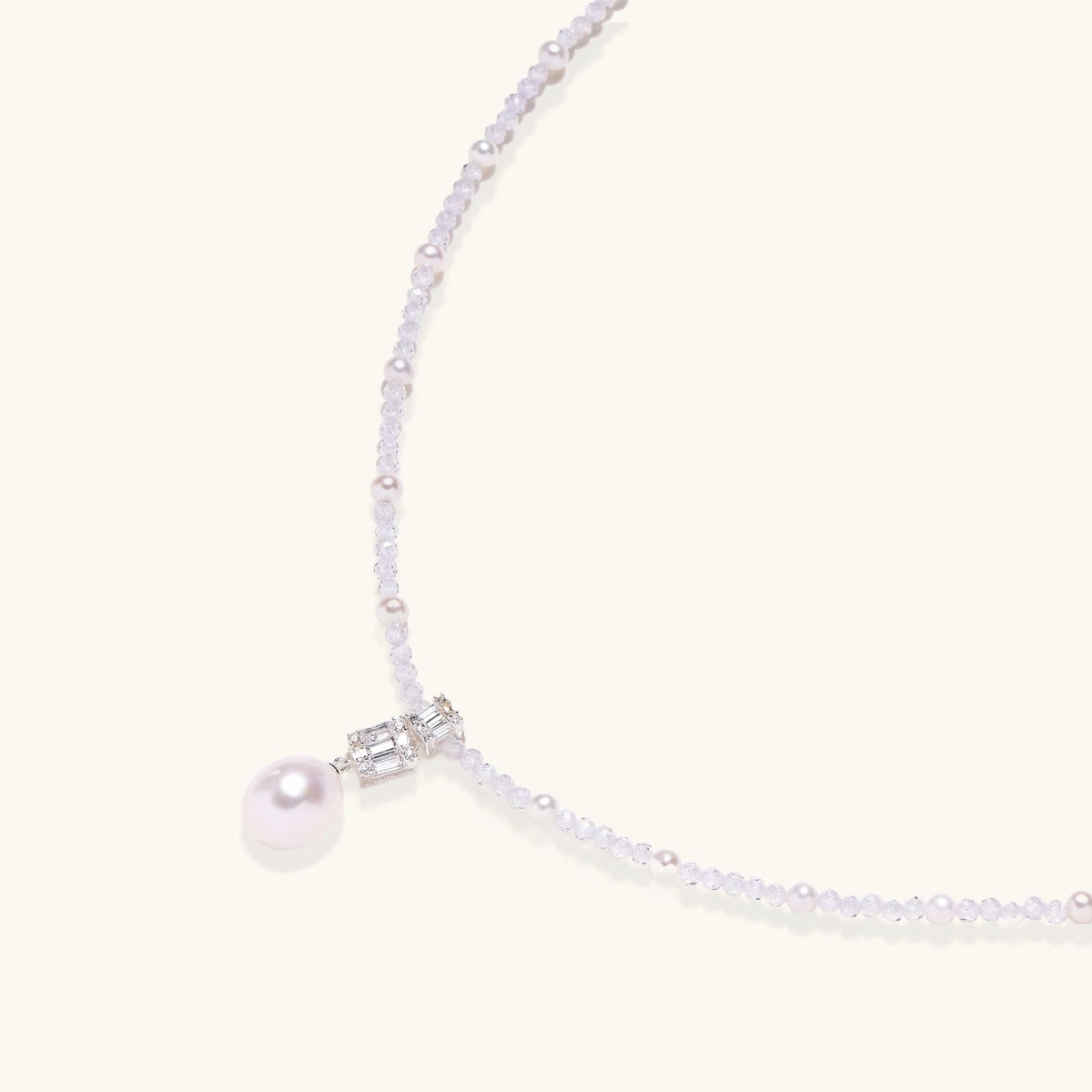 Anointed Garments Lavender Dreams pearl necklace with lavender crystal beads, geometric pendant, and freshwater pearl.
