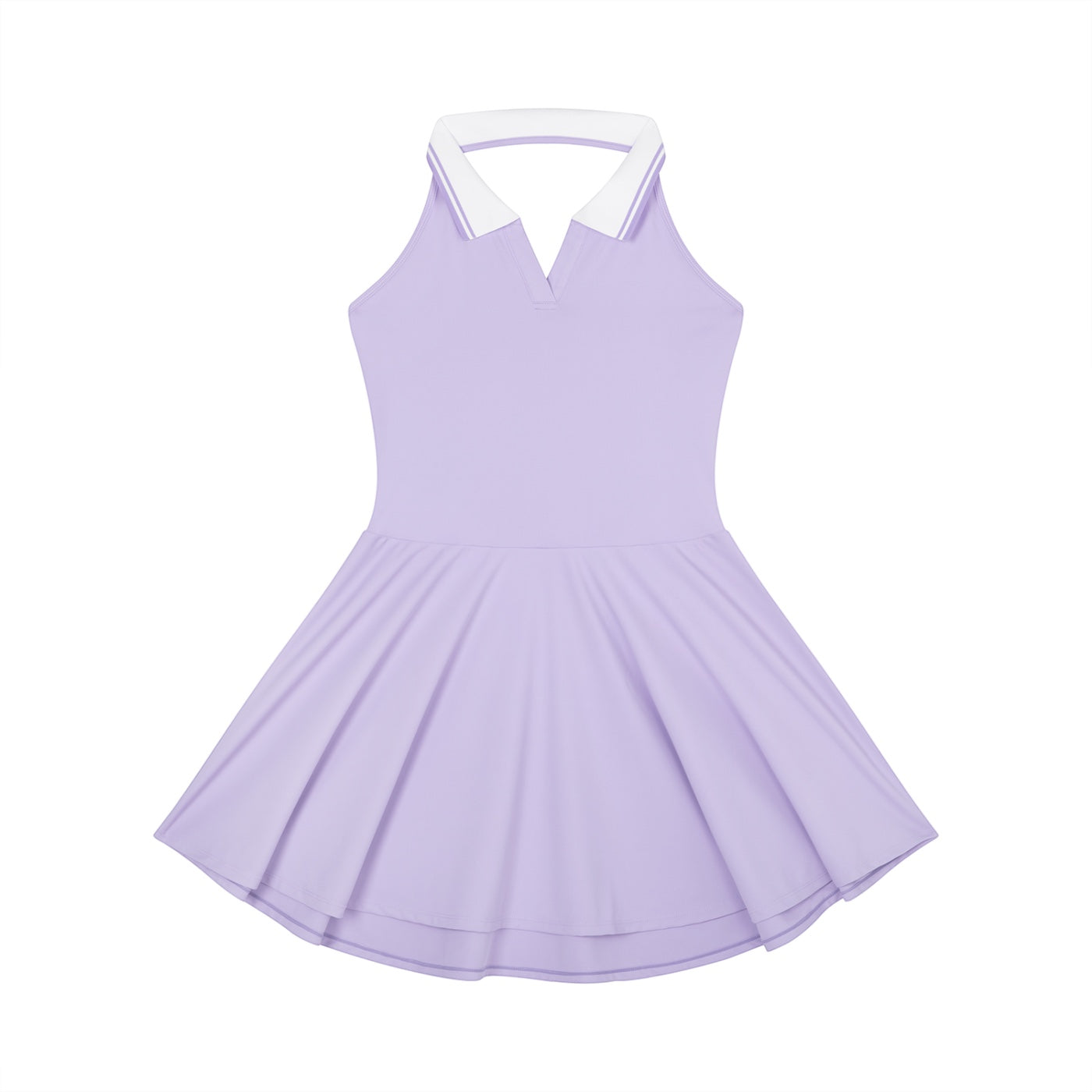 Anointed Garments lavender sleeveless tennis dress with a white collared neckline and flared skirt for athletic wear.