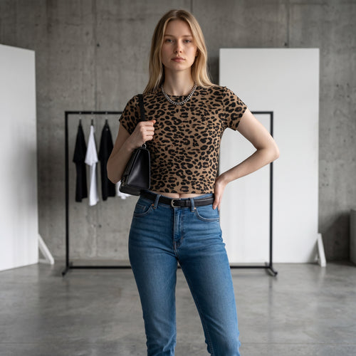 Anointed Garments women's cropped crew neck t-shirt featuring a brown and black leopard animal print, worn with jeans.