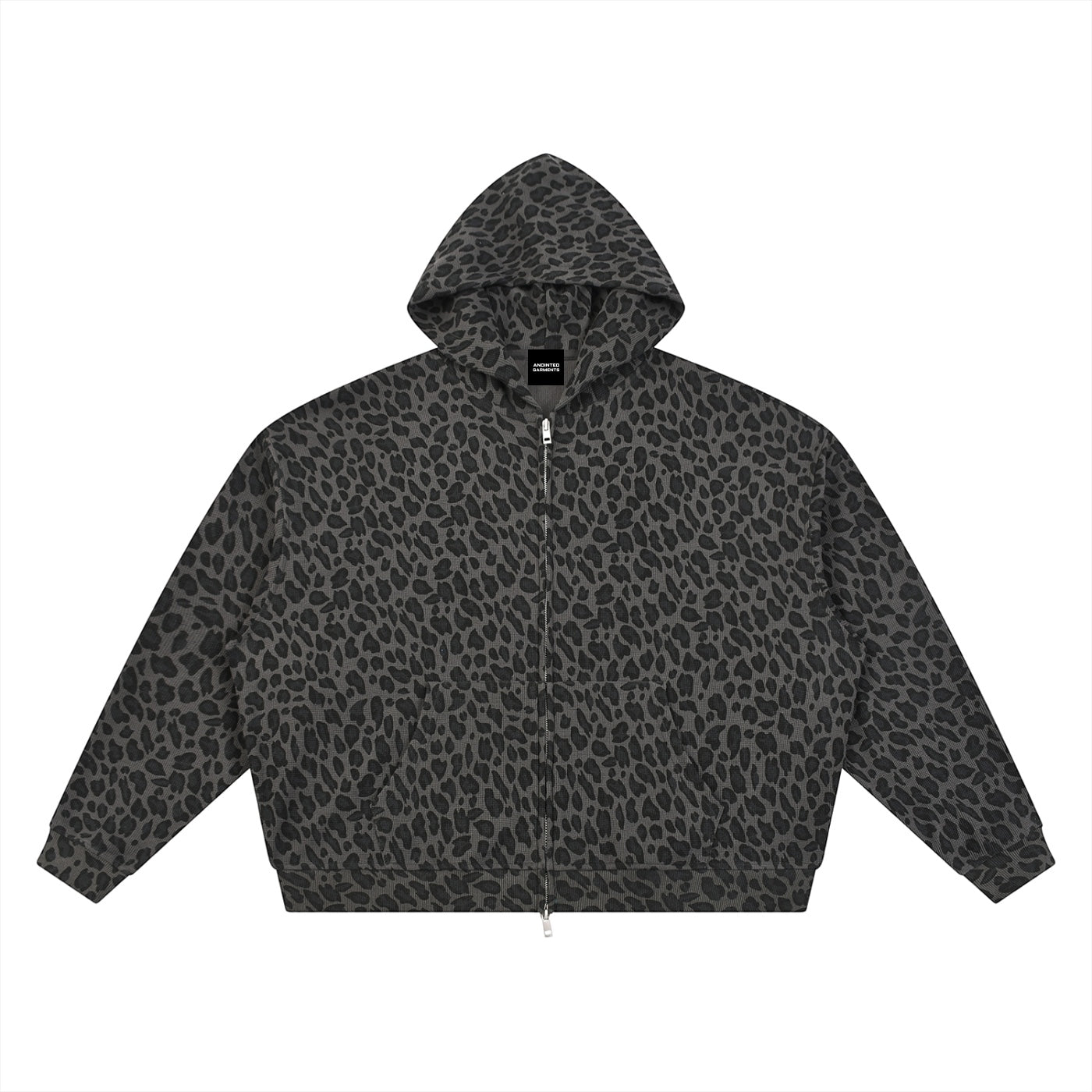 Anointed Garments unisex oversized waffle knit full zip hoodie in dark grey leopard print with drop shoulders.