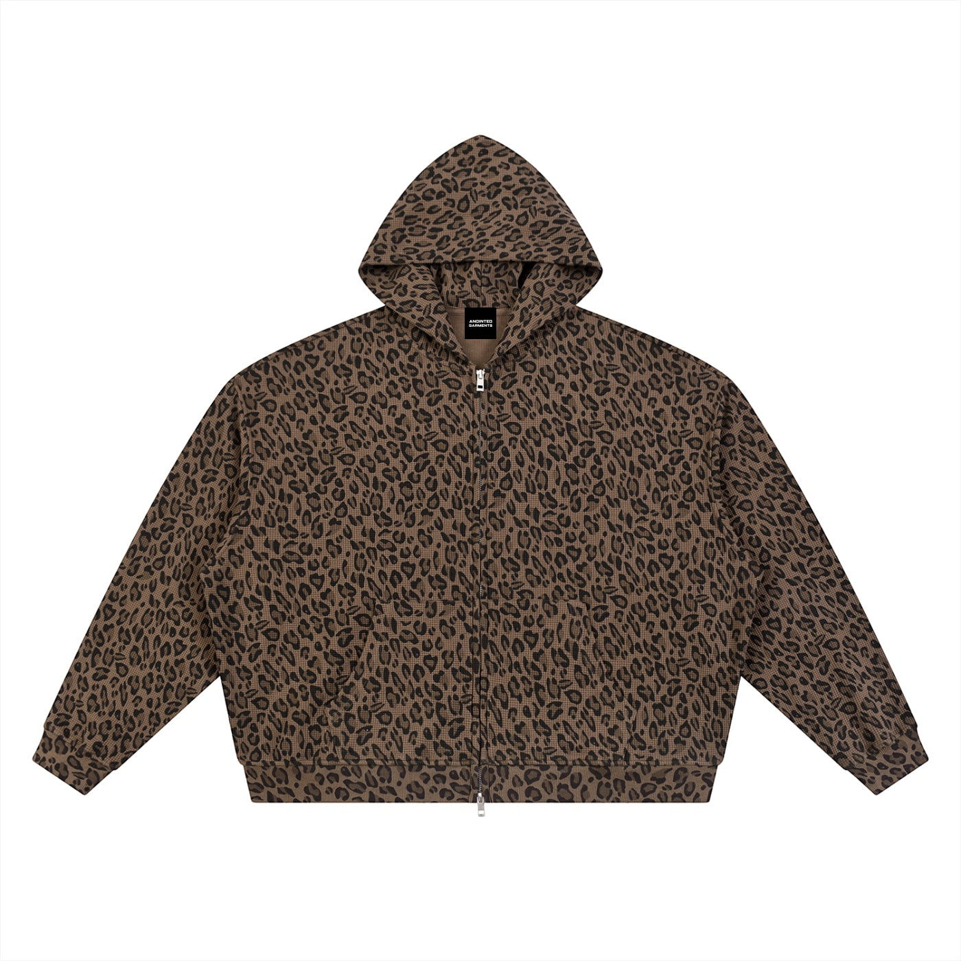 Anointed Garments unisex leopard print waffle knit full zip hoodie with a drop shoulder and oversized fit.