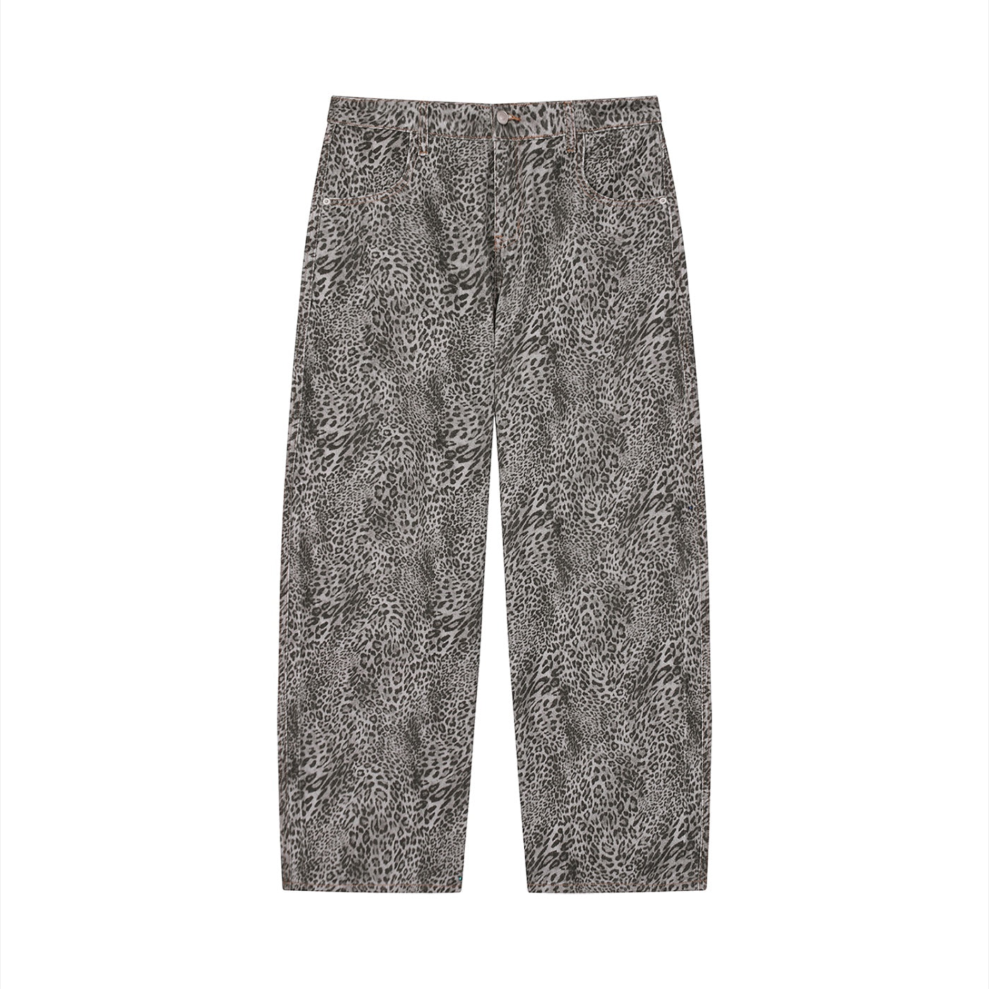 Anointed Garments unisex wide leg jeans in a vintage wash grey leopard print pattern made from 100% cotton.