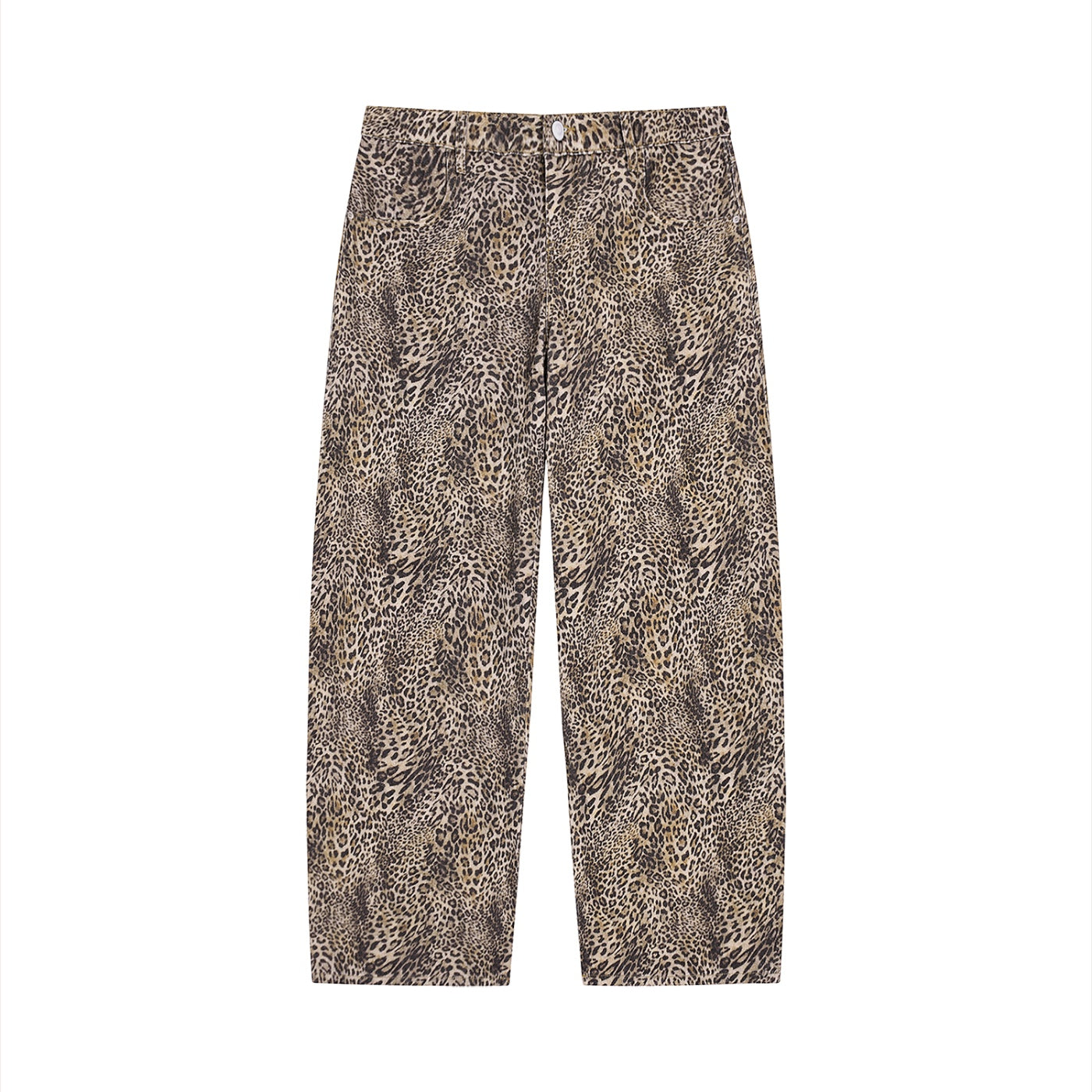 Anointed Garments unisex vintage wash leopard print wide leg jeans in 100% cotton with a mid-waist button closure.