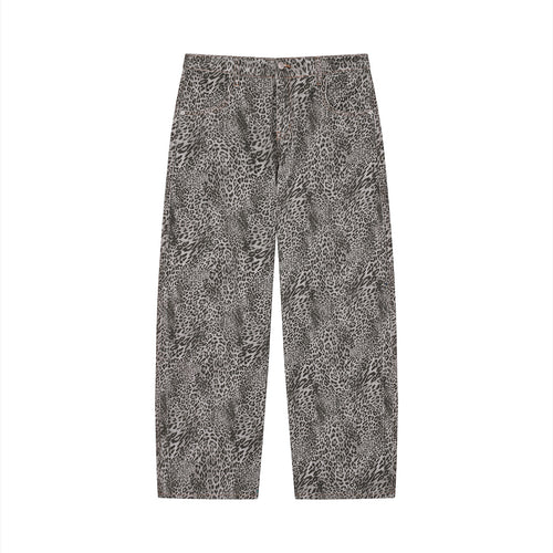 Anointed Garments unisex wide leg jeans in a vintage wash grey leopard print pattern made from 100% cotton.