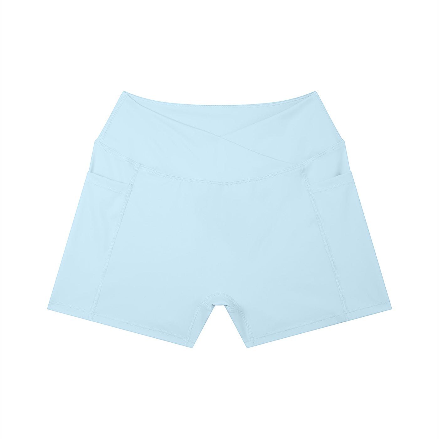 Anointed Garments light blue high-waisted athletic shorts with a crossover waistband and side pockets.