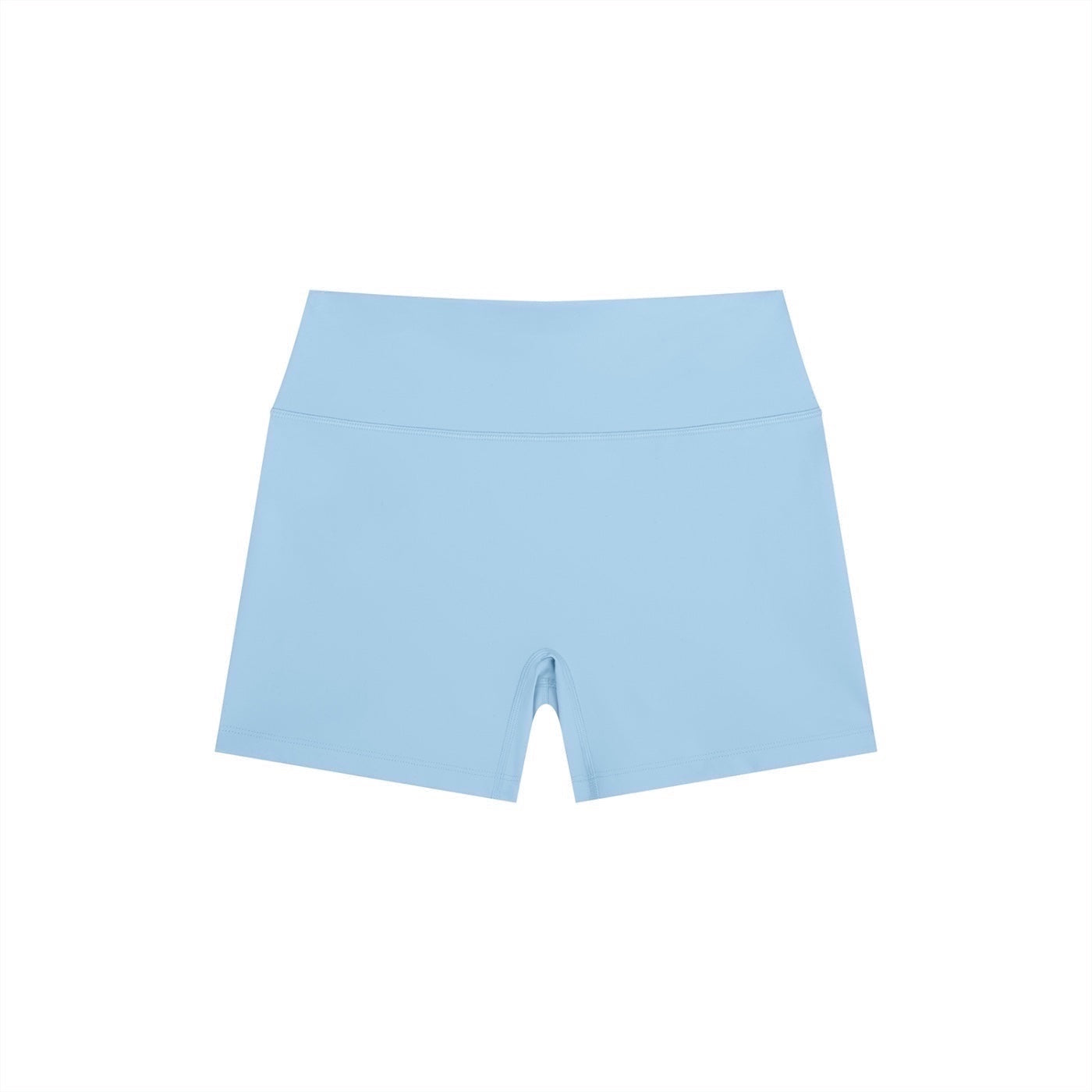 Anointed Garments light blue high-waisted athletic performance shorts in moisture-wicking four-way stretch fabric.