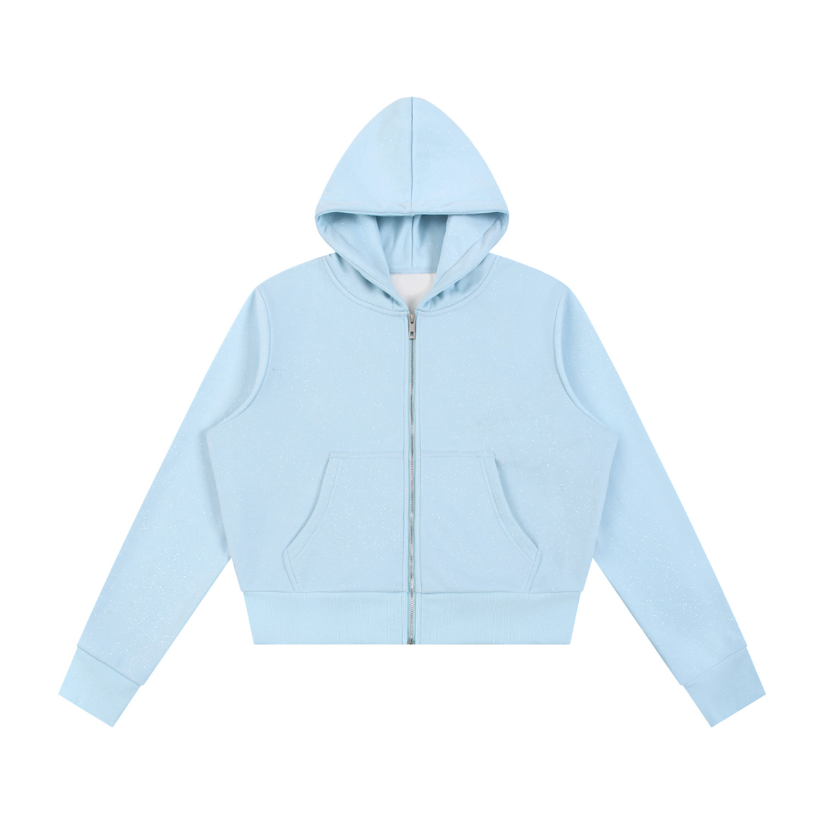 Anointed Garments light blue full-zip fleece hoodie with a cozy hood, patch pockets, and ribbed cuffs.