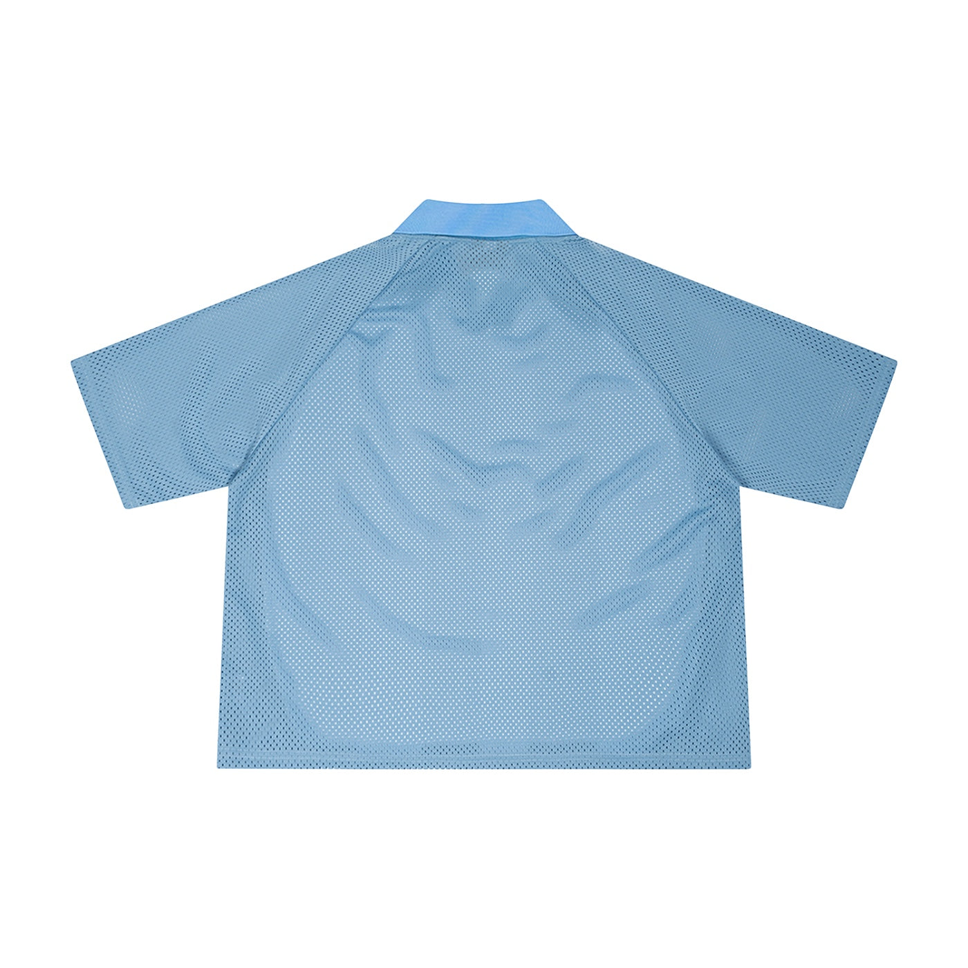 Back view of Anointed Garments light blue mesh polo shirt with raglan sleeves and a relaxed boxy fit