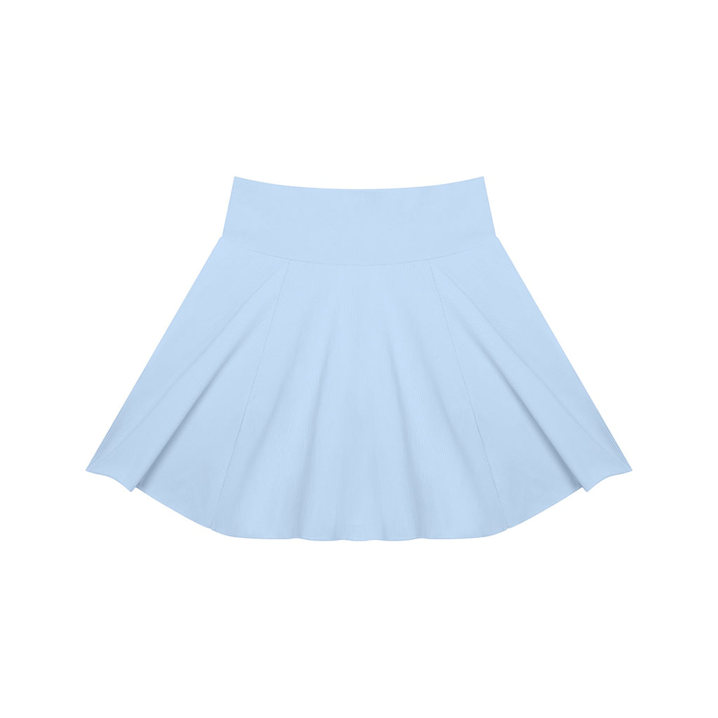 Anointed Garments light blue high-waisted pleated knit mini skirt with a wide waistband and flared silhouette.
